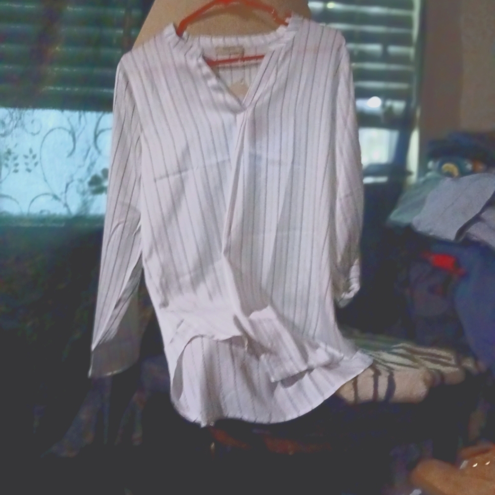 TIMESON Women's Silk White Blouse with Black Stripes. Brand New With Tags. Sz.M